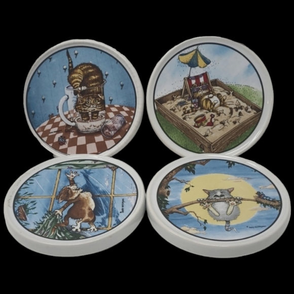 SET OF 4 WHIMSICAL CAT - DRINK COASTERS - CLAY DESIGN - GARY PATTERSON - Picture 1 of 11